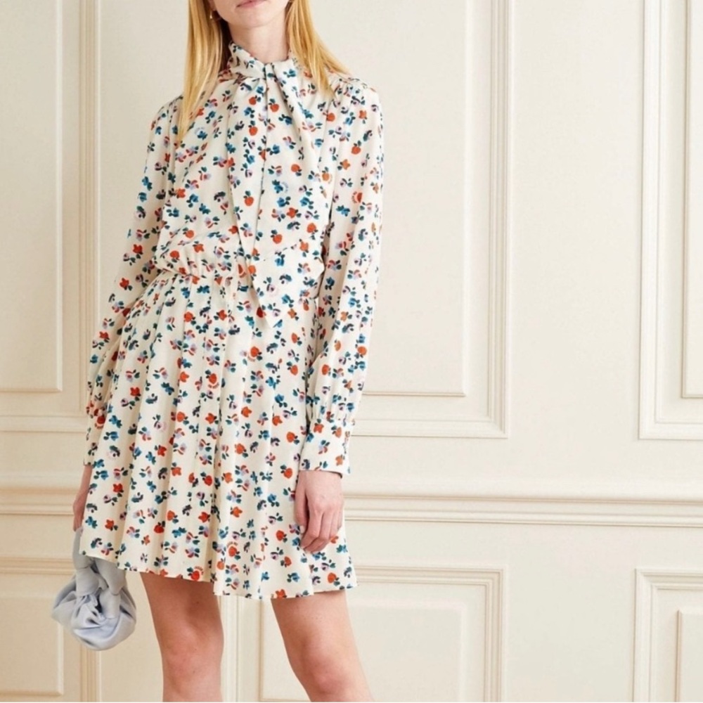 JASON WU Pleated floral-print 100% silk crepe de chine mini shirt dress